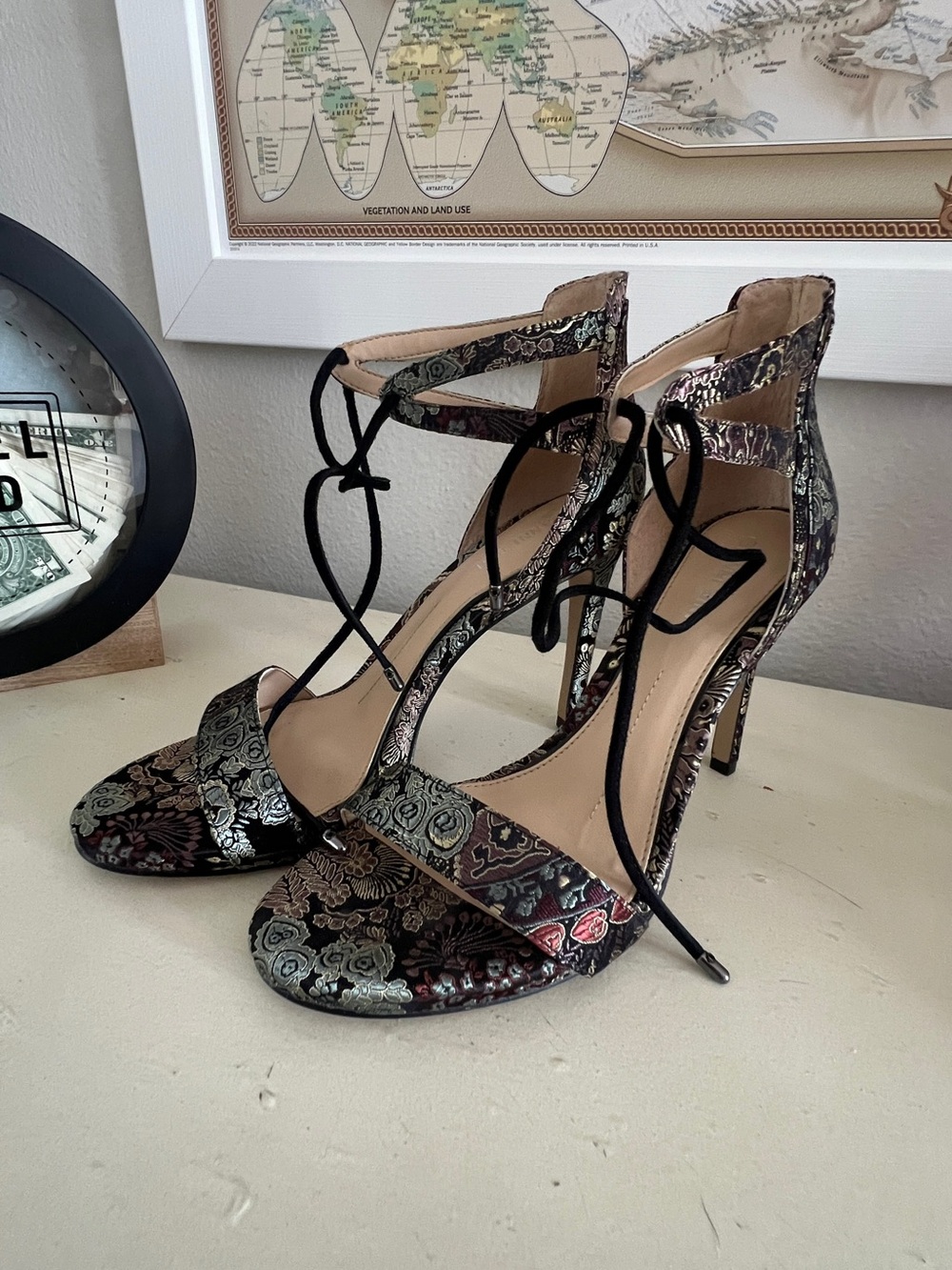 Gianni Bini Metallic Floral Lace-Up Heels in Black Multi